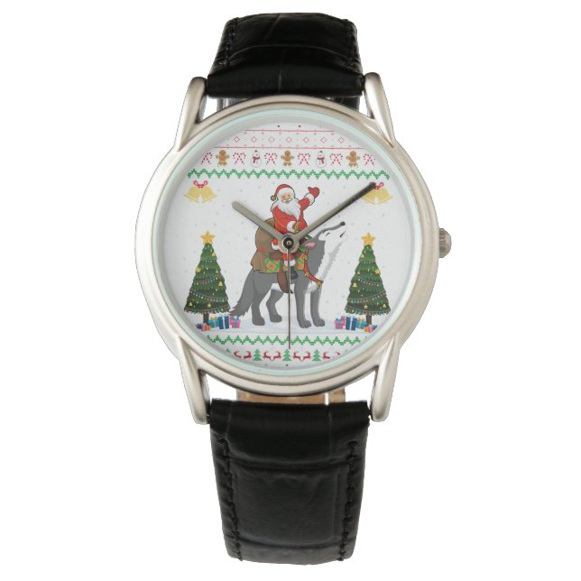 Lelijke Wolf Xmas Gift Santa Riding Wolf Kerstmis Horloge (Voorkant)