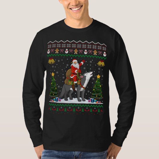 Lelijke Wolf Xmas Gift Santa Riding Wolf Kerstmis T-shirt (Voorkant)