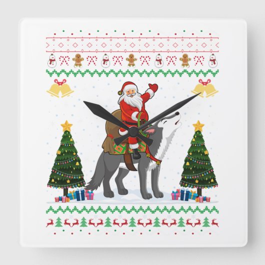 Lelijke Wolf Xmas Gift Santa Riding Wolf Kerstmis Vierkante Klok (Voorkant)