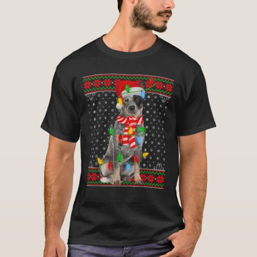 Lelijke Xmas Dog Lights Santa Hat Blue Heeler Dog T-shirt (Voorkant)