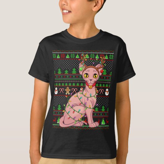 Lelijke Xmas trui stijl verlichting Sphynx kat Chr T-shirt (Voorkant)