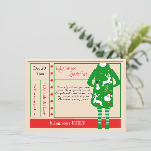 Lelijkste kerst ooit trui party uitnodiging (Staand voorkant)