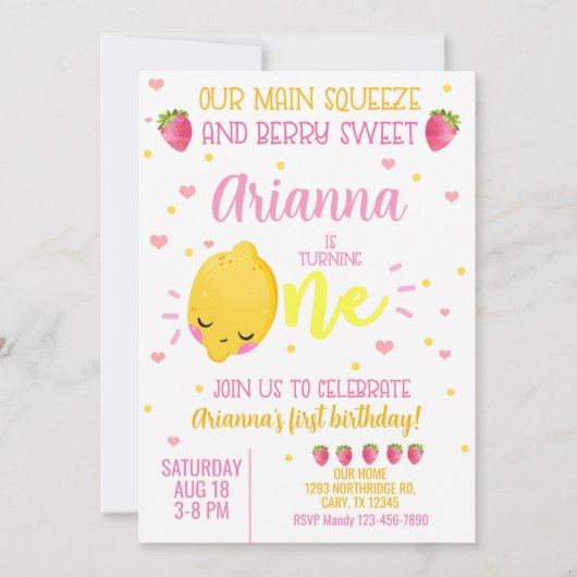 Lemon aardbei meisje 1 eerste verjaardag uitnodigi kaart (Voorkant)