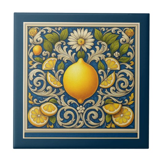 Lemon Almafi Blue Mediterranean Art Nouveau Tegeltje (Voorkant)