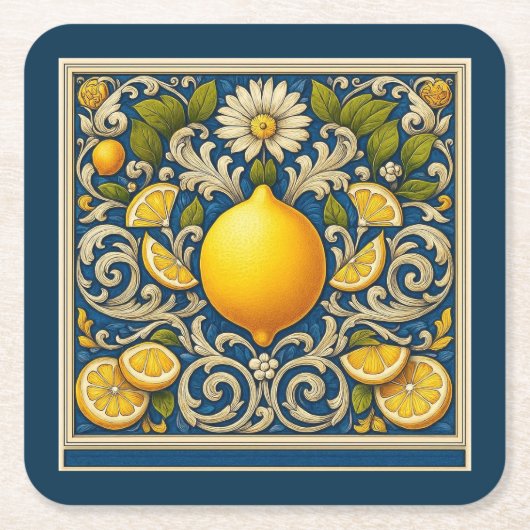 Lemon Amalfi Blue Mediterranean Art Nouveau Kartonnen Onderzetters (Voorkant)