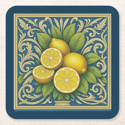Lemon Amalfi Blue Mediterranean Art Nouveau Kartonnen Onderzetters (Voorkant)