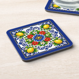 🍋 Lemon Azul Bloom — Mediterrane Azulejo Bier Onderzetter