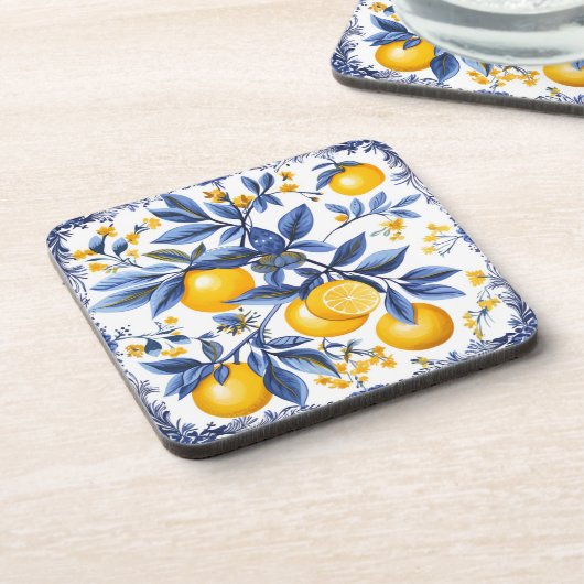 Lemon Azulejo met blauwe elementen Bier Onderzetter (Linkerzijde)