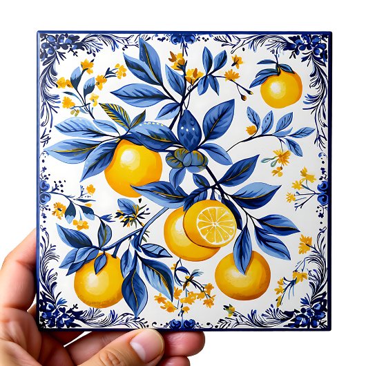 Lemon Azulejo met blauwe elementen Tegeltje