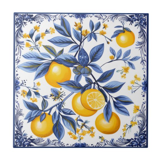 Lemon Azulejo met blauwe elementen Tegeltje (Voorkant)