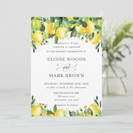 Lemon Azure Summer Greenery Wedding Kaart (Staand voorkant)