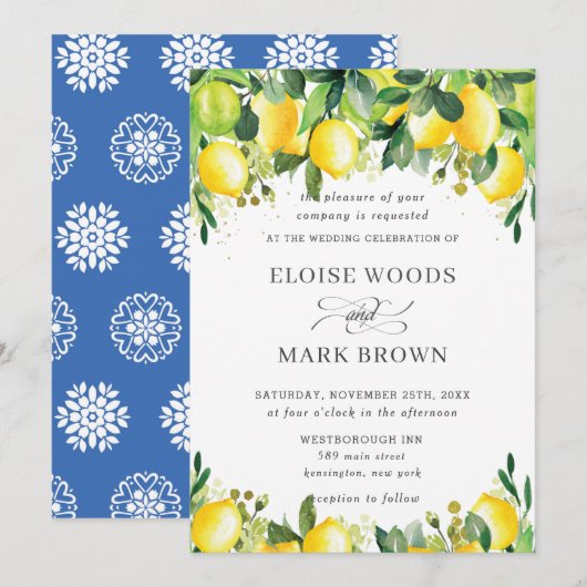 Lemon Azure Summer Greenery Wedding Kaart (Voorkant / Achterkant)
