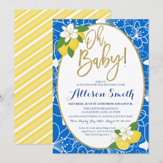 Lemon Baby shower Baby Boy Blauw Geel Goud Kaart (Voorkant / Achterkant)