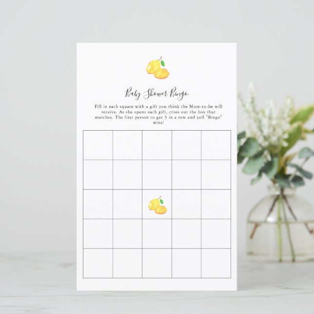 Lemon Baby shower Bingo Game Elegant Script Chic (Staand voorkant)