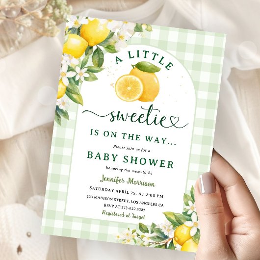 Lemon Baby Shower Green Gingham Gender Neutral Kaart