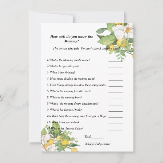 Lemon Baby shower Hoe goed ken je de mama Kaart (Voorkant)