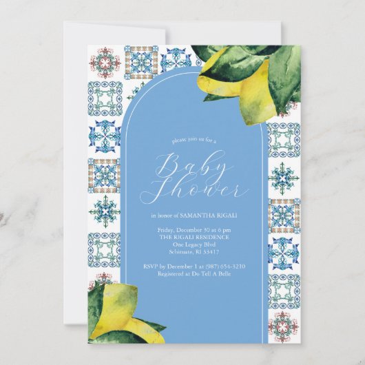 Lemon Baby Shower Invitation Blue and Yellow Kaart (Voorkant)