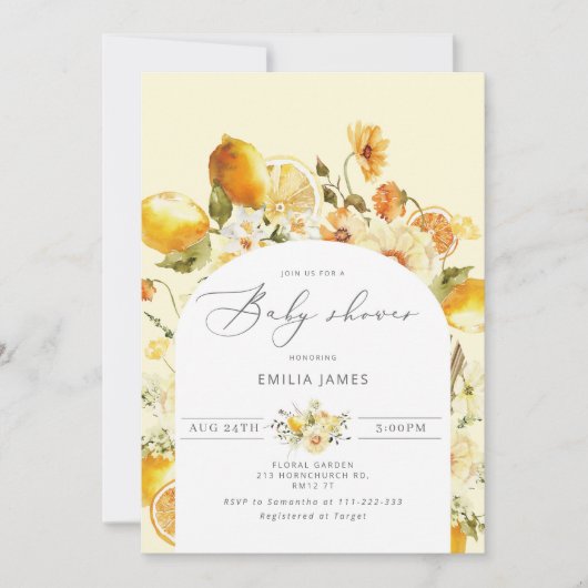Lemon baby shower invitation. Elegant citrus baby Kaart (Voorkant)