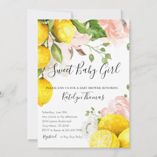 Lemon Baby shower Invitation for Baby Girl Kaart (Voorkant)
