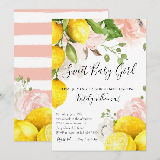Lemon Baby shower Invitation for Baby Girl Kaart (Voorkant / Achterkant)