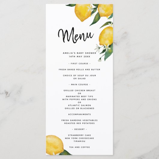 Lemon Baby shower Menu Kaart (Voorkant)