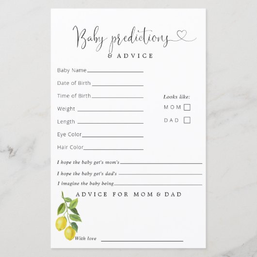 Lemon Baby shower Predications Advice (Voorkant)