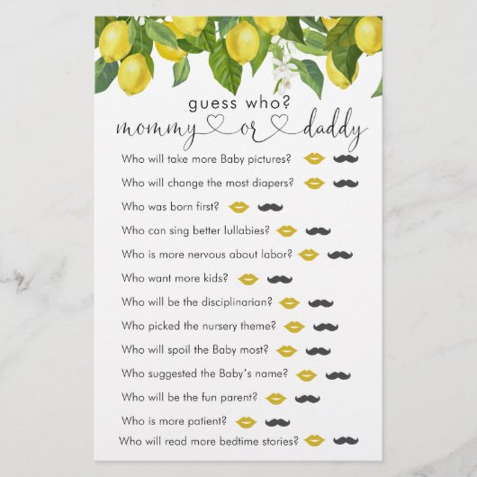 Lemon Baby shower "Raad eens wie" game (Voorkant)