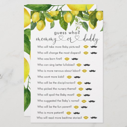 Lemon Baby shower "Raad eens wie" game (Voorkant / Achterkant)
