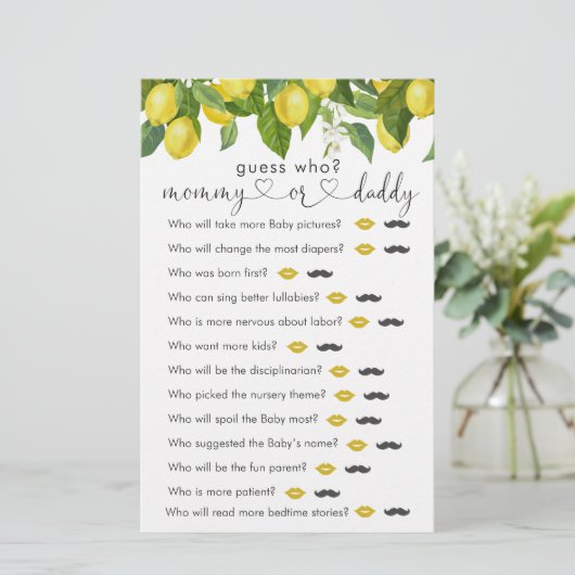 Lemon Baby shower "Raad eens wie" game (Staand voorkant)