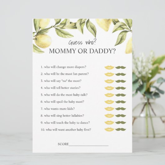 Lemon baby shower speelt mammie of pappie raad wie kaart (Staand voorkant)