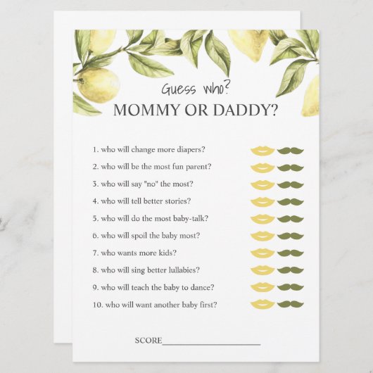 Lemon baby shower speelt mammie of pappie raad wie kaart (Voorkant / Achterkant)