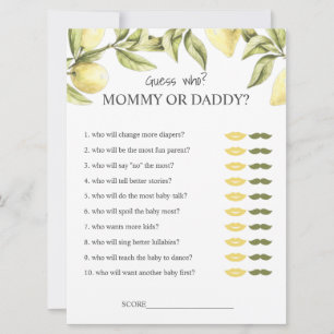 Lemon baby shower speelt mammie of pappie raad wie kaart