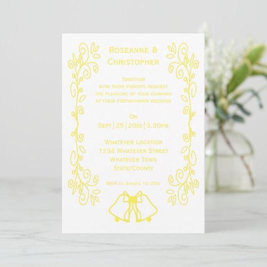 Lemon Bells Scrollwork Ontwerp Wedding Kaart (Staand voorkant)