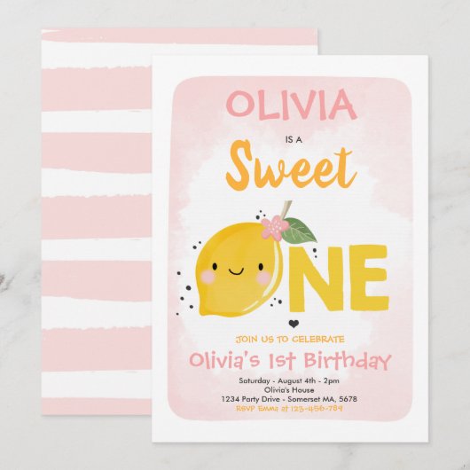 Lemon Birthday Invitation Sweet One 1st Birthday Kaart (Voorkant / Achterkant)