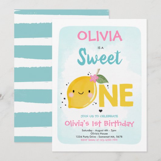 Lemon Birthday Invitation Sweet One 1st Birthday Kaart (Voorkant / Achterkant)