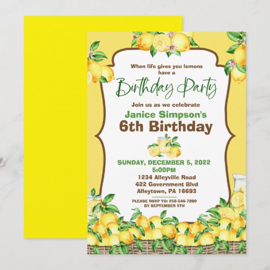 Lemon Birthday Uitnodiging (Voorkant / Achterkant)