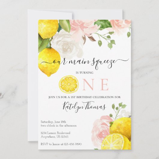 Lemon Birthday Uitnodiging met roze bloemen (Voorkant)