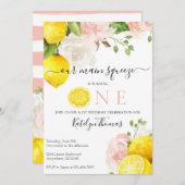 Lemon Birthday Uitnodiging met roze bloemen (Voorkant / Achterkant)