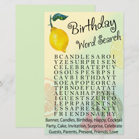 Lemon Birthday word search game (Voorkant / Achterkant)