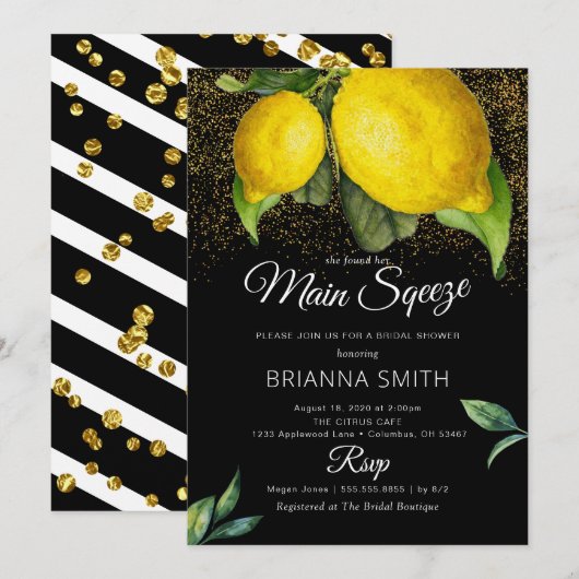 Lemon Black Squeeze Moderne Bruiloftsborrel Kaart (Voorkant / Achterkant)