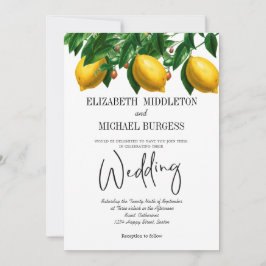 Lemon Black White Stripe Botanical Wedding Kaart