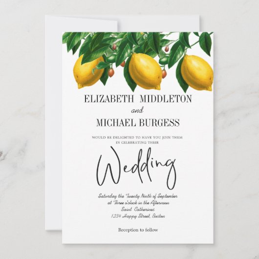 Lemon Black White Stripe Botanical Wedding Kaart (Voorkant)