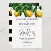 Lemon Black White Stripe Botanical Wedding Kaart (Voorkant / Achterkant)