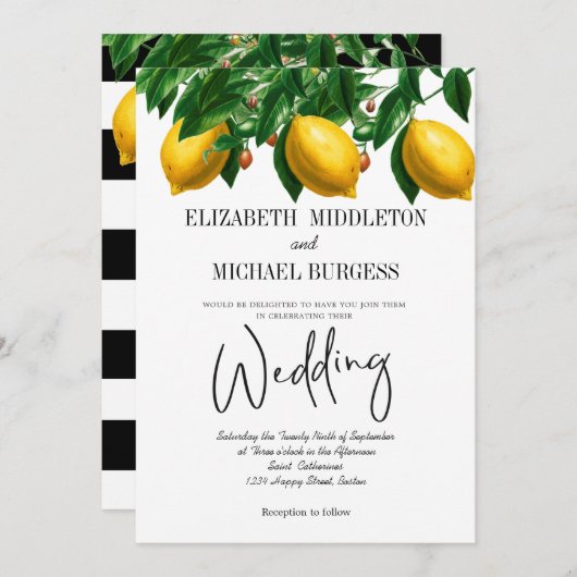 Lemon Black White Stripe Botanical Wedding Kaart (Voorkant / Achterkant)