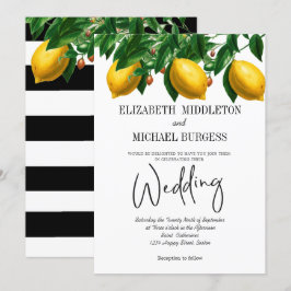 Lemon Black White Stripe Botanical Wedding Kaart