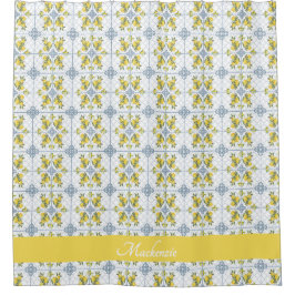 Lemon Blauwe Aquarel Franse Landelijke Naam Monogr Douchegordijn