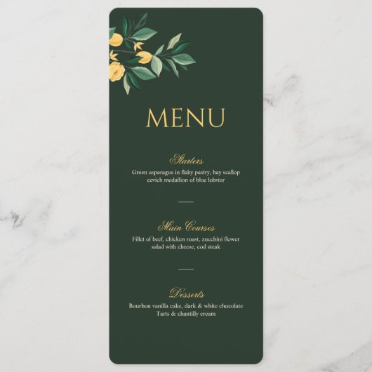Lemon Blossom Floral Tree Elegant Green Wedding Menu (Voorkant)
