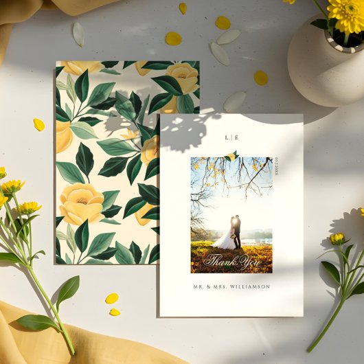 Lemon Blossom Floral Tree Elegant Wedding Photo Bedankkaart