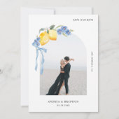 Lemon Blue Bow Floral Arch Photo Italian Wedding Save The Date (Voorkant)