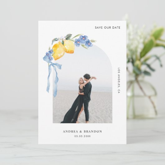 Lemon Blue Bow Floral Arch Photo Italian Wedding Save The Date (Staand voorkant)